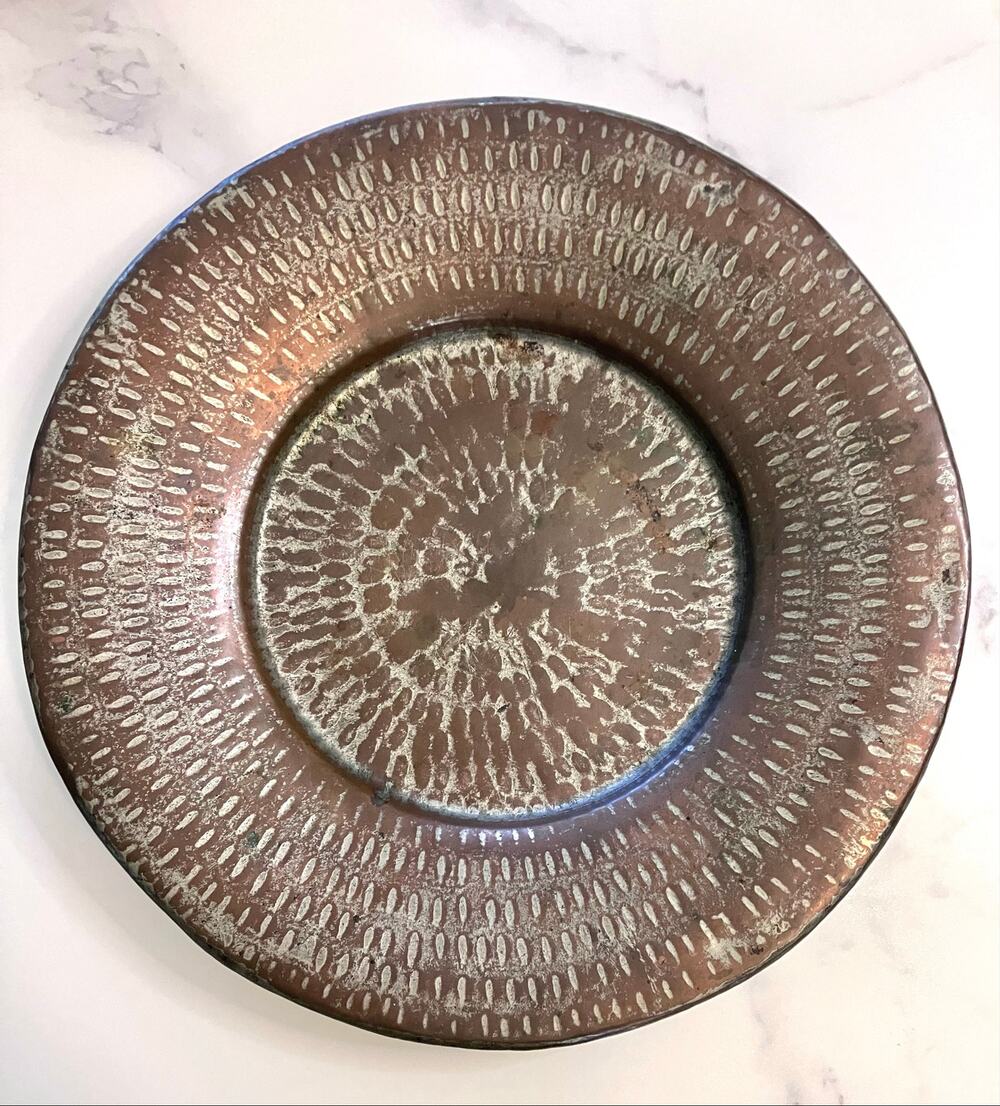 Vintage Hammered Copper Platter Large Turkish Bowl Tinned Rolled Edge 15 In